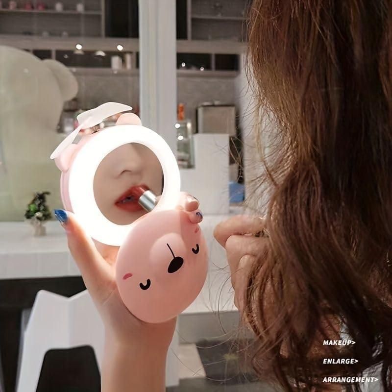 Cartoon Cute Pig LED Lights Mirror Pocket Fan mk2x6i-rd