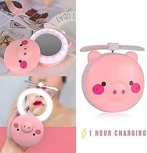 Cartoon Cute Pig LED Lights Mirror Pocket Fan mk2x6i-rd