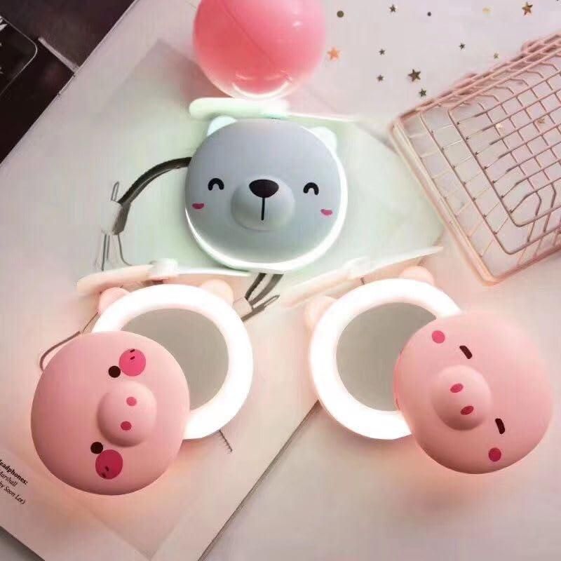 Cartoon Cute Pig LED Lights Mirror Pocket Fan mk2x6i-rd